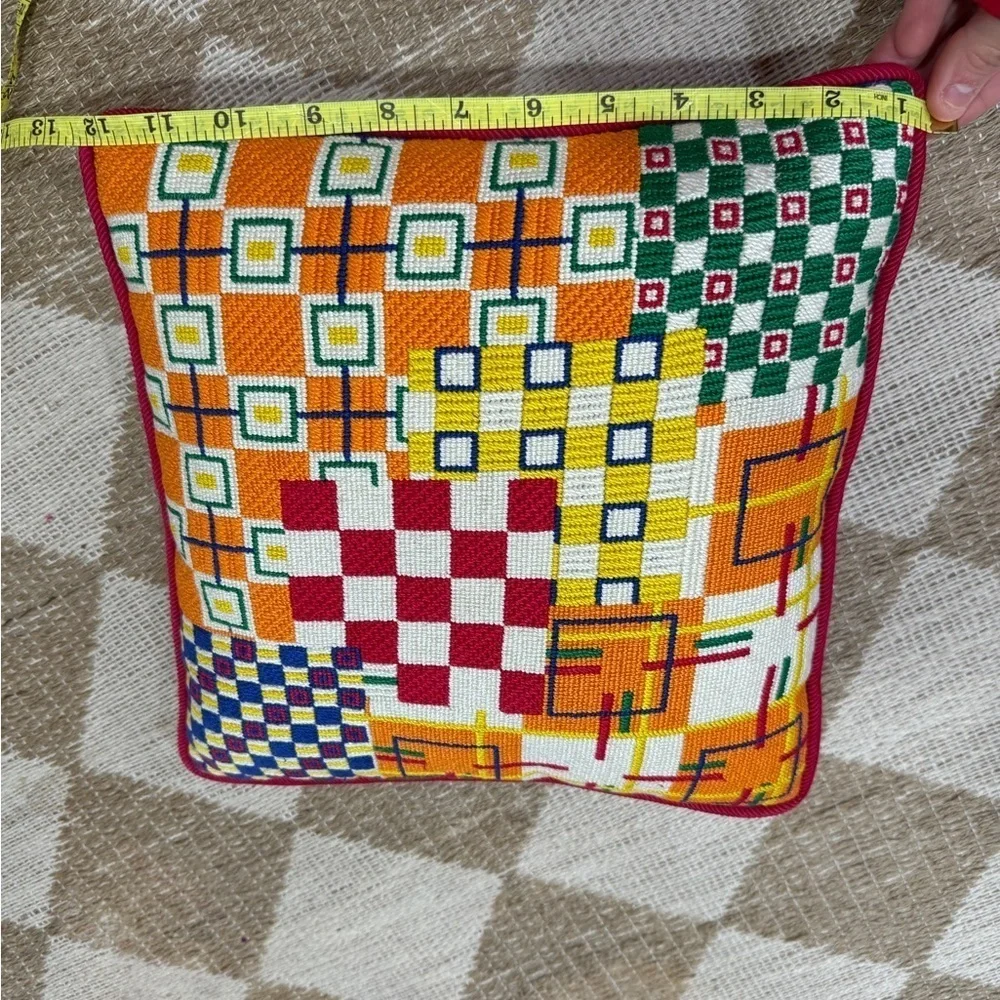 Needlepoint pillow colorful avantgarde abstract shapes checkered handmade square